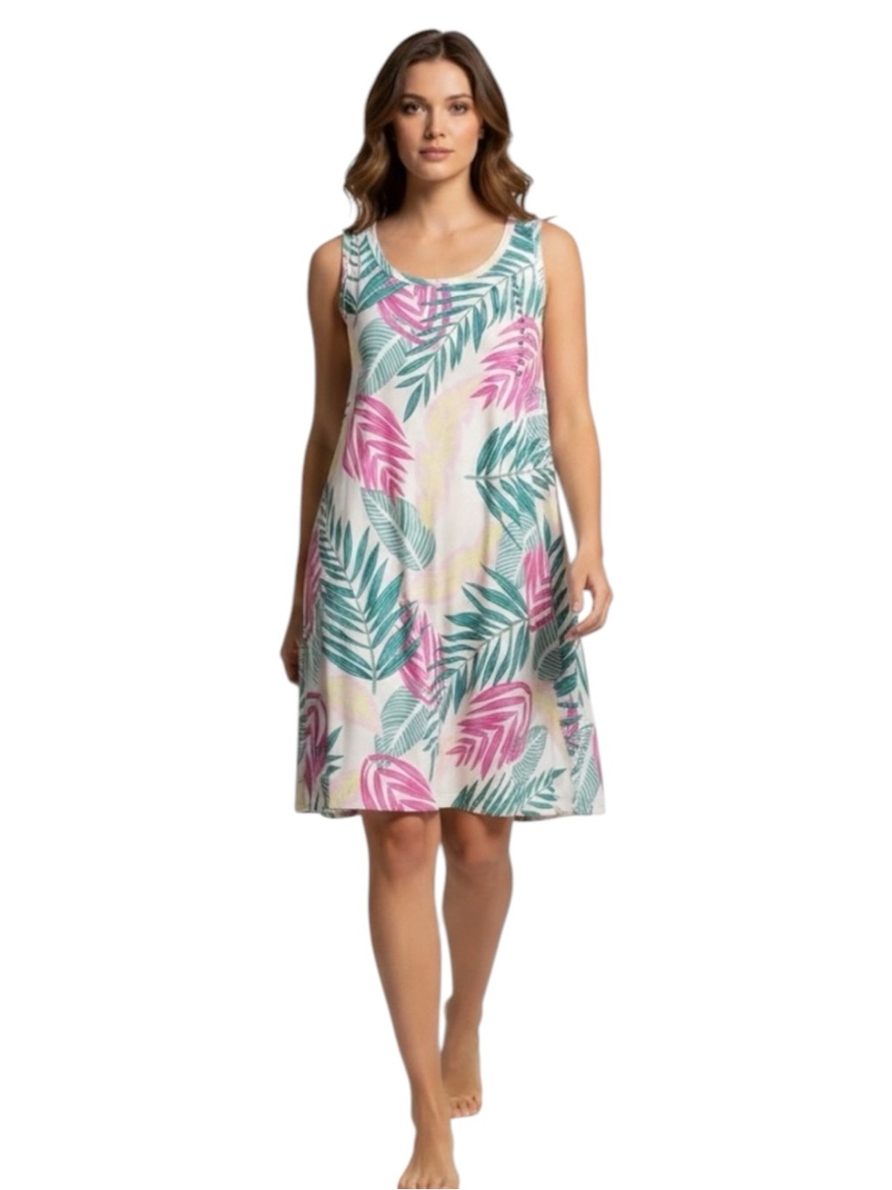 Frestyle Tropical Leaf Print Sundress/Swim CoverUp Dress Pink/Green Hi-Lo NWT OS